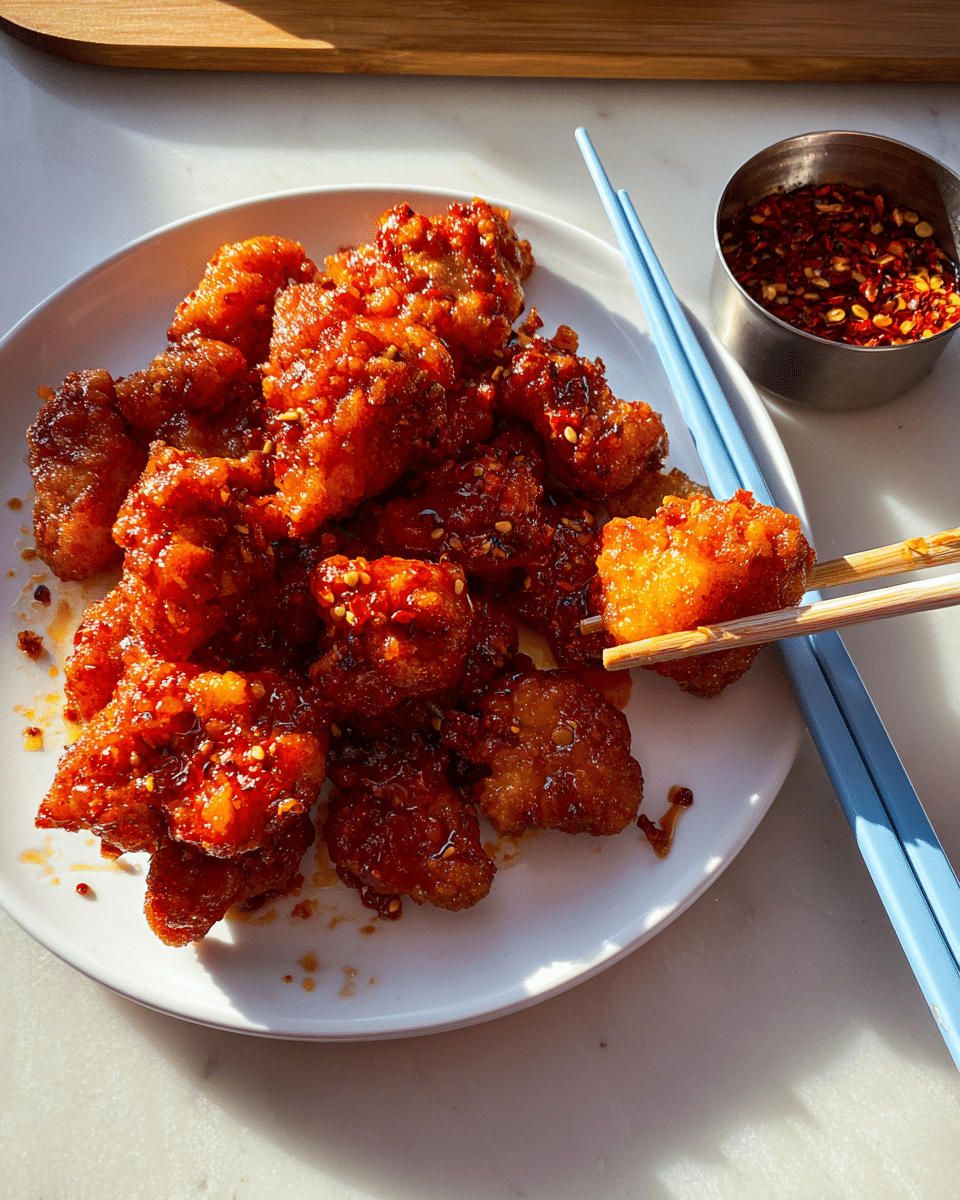 A white plate holds a pile of crispy fried chicken pieces coated in a shiny, sticky reddish-orange glaze with visible bits of seasoning. The chicken pieces vary in size and texture, some showing a crunchier, darker fried crust beneath the glaze. A pair of light blue chopsticks rests diagonally on the right side of the plate, with their tips touching one of the chicken pieces. To the top right of the plate is a small silver metal container filled with red crushed chili flakes. The whole scene sits on a white marbled texture surface with warm sunlight casting soft shadows. photo taken with an iphone --ar 4:5 --v 7