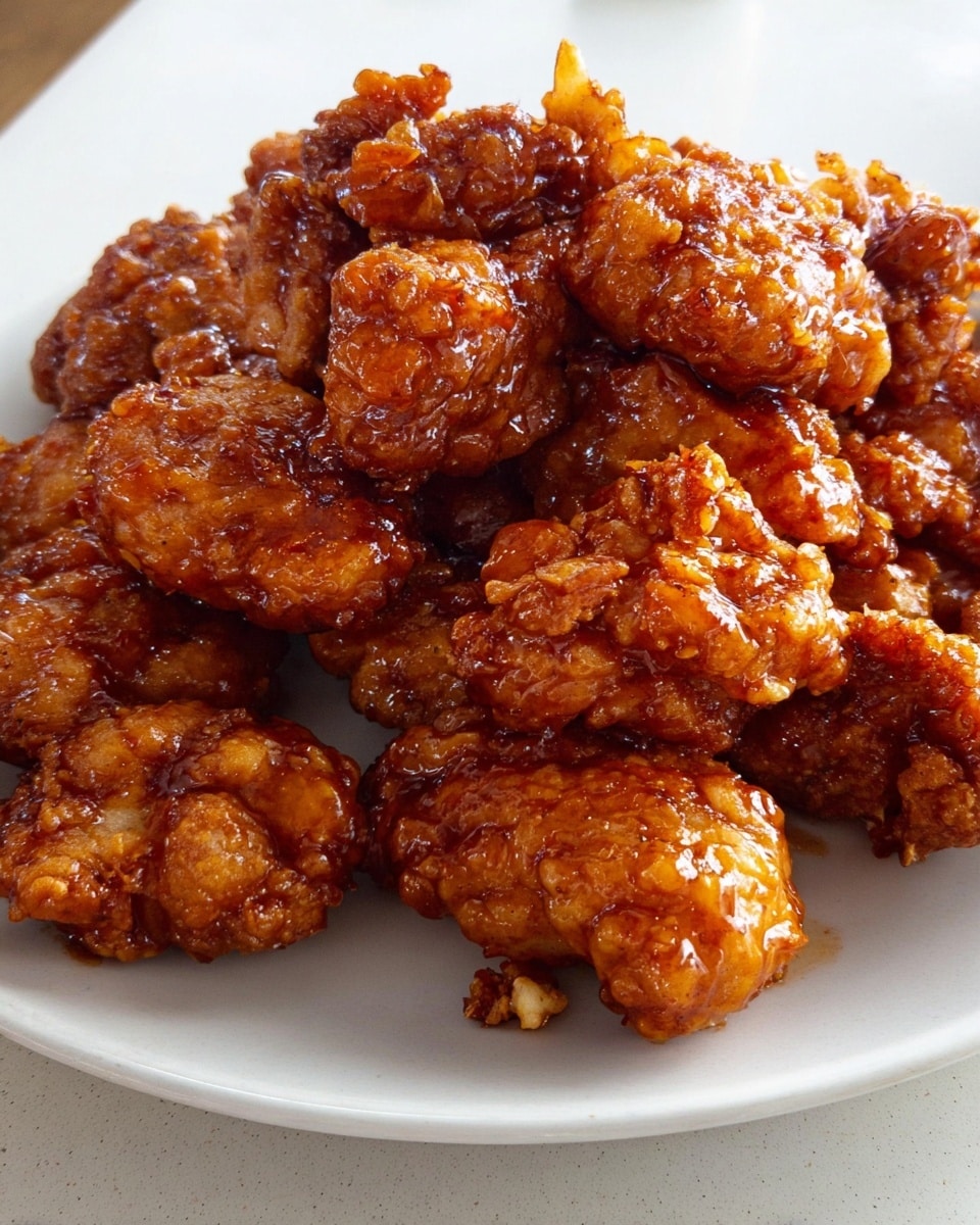 The image shows a plate full of crispy fried chicken pieces covered in a shiny, sticky reddish-brown sauce. The pile has many irregularly shaped pieces with a rough, crunchy texture, some showing small bits of batter that look thick and crunchy, and the sauce makes them look glossy and coated evenly. The chicken is piled high on a plain white round plate, placed on a white marbled surface. Photo taken with an iphone --ar 4:5 --v 7