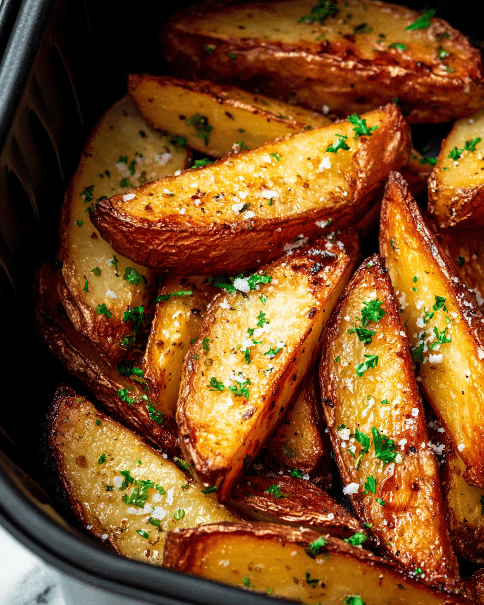 Close-up view of golden brown potato wedges stacked in a black air fryer basket, each wedge showing crispy, slightly charred edges with a soft inside. The potato skin is a rich reddish-brown, while the inside is warm yellow with visible crisp texture. The wedges are sprinkled with coarse salt and small pieces of fresh green parsley scattered evenly on top, adding a pop of color. The overall look is crispy, crunchy, and well-seasoned. The background is a white marbled texture. photo taken with an iphone --ar 4:5 --v 7