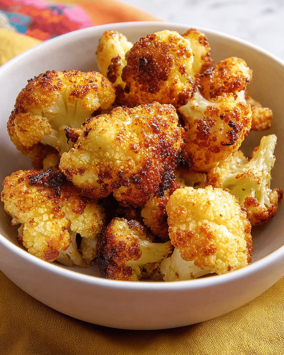 A white shallow bowl filled with several browned and crispy roasted cauliflower florets. Each floret has a rough, crumbly texture with golden-yellow and light brown crispy edges. The cauliflower pieces are piled casually, showing some darker charred spots indicating roasting. The bowl sits on a yellow cloth over a white marbled surface, with a blurred colorful background. photo taken with an iphone --ar 4:5 --v 7