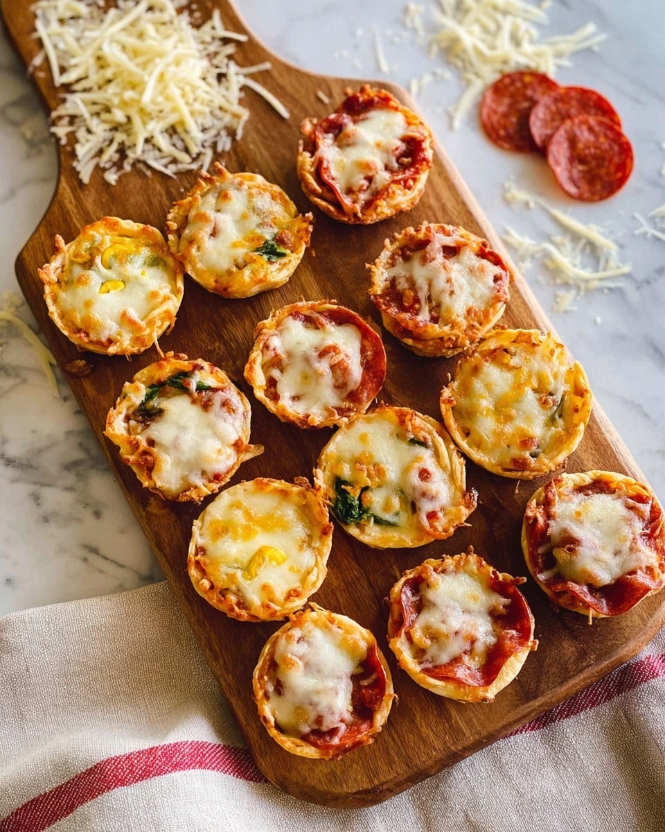 A wooden board holds twelve small round mini pizzas, each with a golden-brown crust base and topped with melted white cheese that is slightly browned in places. Some of the pizzas have vibrant yellow and green vegetable pieces visible under the cheese, while others have red pepperoni slices or tomato sauce beneath the cheese layer. The pizzas are arranged loosely in rows on the board, with the edges of the crust puckering slightly up. The board sits on a white marbled surface, scattered with some shredded cheese and slices of pepperoni nearby. A beige kitchen towel with a red stripe runs alongside the board. Photo taken with an iphone --ar 4:5 --v 7