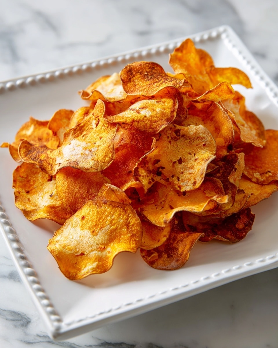 A white square plate with a detailed edge holds a pile of thinly sliced sweet potato chips. The chips are golden-orange with darker brown spots, showing slight crispiness and some curled edges. They are layered unevenly, with some chips lying flat and others slightly overlapping, creating a textured look. The plate is placed on a white marbled surface. photo taken with an iphone --ar 4:5 --v 7