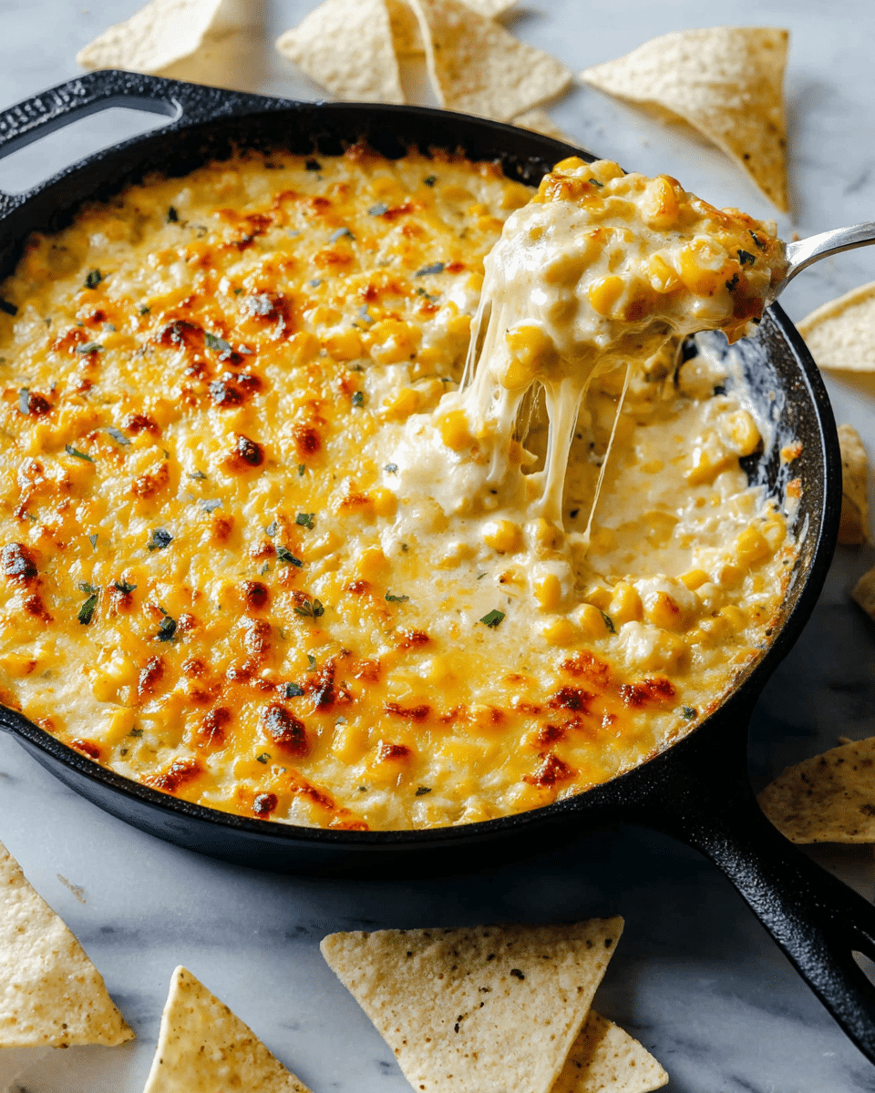 A black cast iron skillet filled with a creamy, golden yellow corn dip topped with melted cheese that has browned spots, showing a bubbly texture. The corn kernels are mixed with small bits of green herbs evenly distributed through the cheese layer. A silver spoon scoops out some dip from the pan, pulling gooey, stretchy cheese strings. Around the skillet on a white marbled surface, there are scattered white triangular tortilla chips with some chips topped with the cheesy corn dip. Photo taken with an iphone --ar 4:5 --v 7