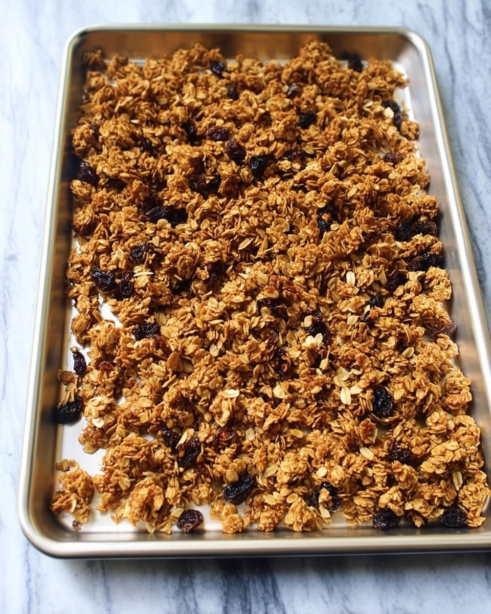 A large silver baking tray is filled with a single thin layer of small, golden-brown, curly clusters resembling granola mixed with dark raisins and oat flakes scattered evenly throughout. The tray rests on a white marbled surface, showing the rough texture of the crunchy granola pieces. photo taken with an iphone --ar 4:5 --v 7