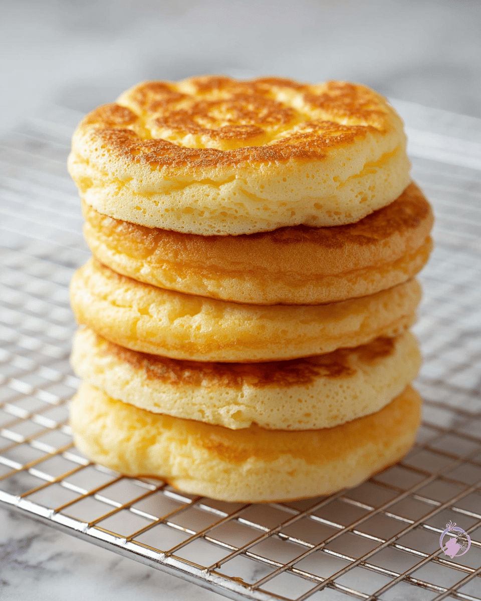 A stack of five fluffy, cloud-like pancakes sits centered on a metal cooling rack over a white marbled surface. Each pancake has a slightly golden brown, textured top with soft, airy layers visible in the slightly uneven edges. The pancakes vary slightly in shade, with the top two being a darker golden color and the bottom three lighter yellow with a soft, spongy texture. The whole stack creates a warm, inviting look with a cozy, homemade feel. Photo taken with an iphone --ar 4:5 --v 7