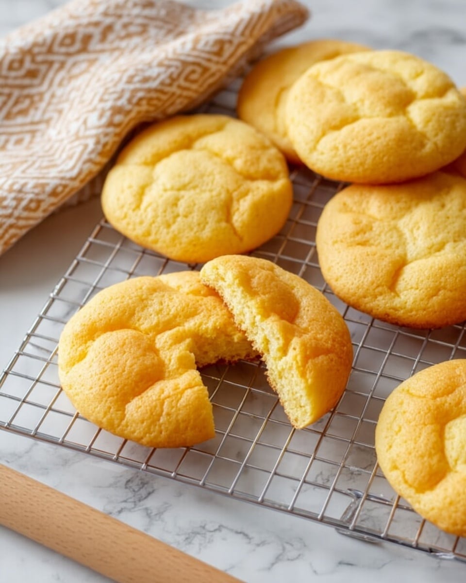 The image shows several round, golden yellow cloud-like cookies with a soft, puffy texture on a cooling rack. One cookie is broken in half, revealing a light and airy inside. The cooling rack sits on a white marbled surface with a beige and white patterned cloth draped in the upper left corner. A wooden rolling pin is partially visible at the bottom left corner. The whole setup looks fresh and inviting. photo taken with an iphone --ar 4:5 --v 7