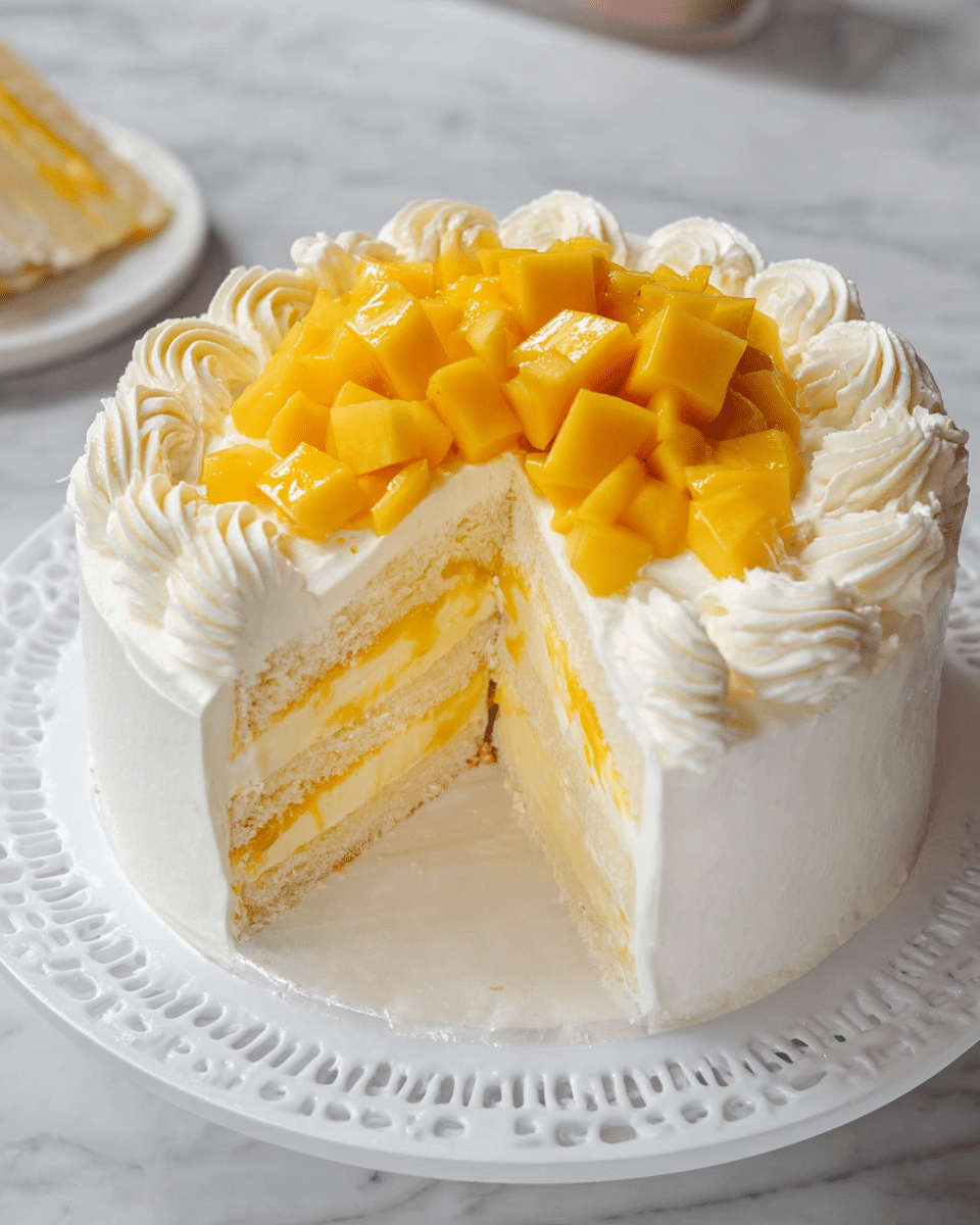 A round cake with smooth white cream covering the outside sits on a white plate with a decorative edge. The cake has multiple layers inside, alternating between soft white cake and bright yellow mango pieces and cream. The top is decorated with thick swirls of white cream around the edge, and a generous pile of shiny, cubed mango pieces fills the center. One slice is missing, showing the neat layers inside. The surface under the plate is white with a marble texture. Photo taken with an iphone --ar 4:5 --v 7