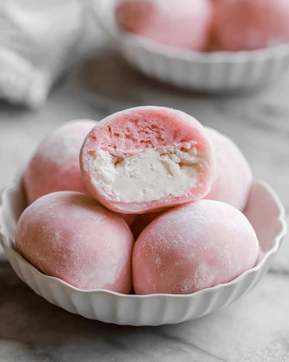 A white fluted bowl holds five mochi ice creams, with four whole ones showing a smooth, pale pink outer layer that looks soft and slightly powdery. Two mochi are cut in half revealing a creamy, off-white ice cream filling inside, with a thick pink mochi layer surrounding it. The bowl is placed on a white marbled surface with another white fluted bowl blurred in the background also holding pink mochi ice creams. photo taken with an iphone --ar 4:5 --v 7