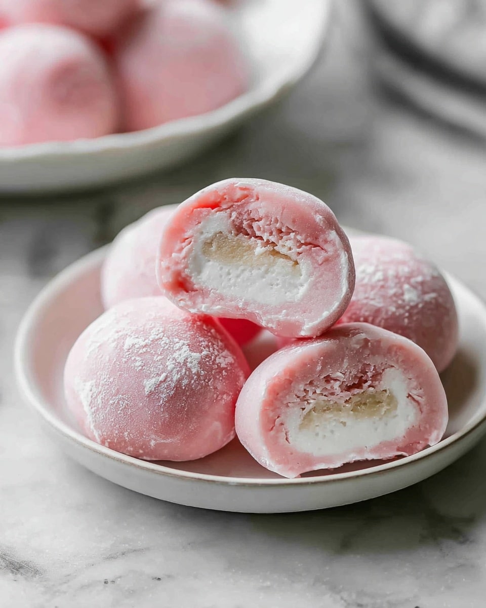 A white round dish holds five pink mochi balls, with their soft, smooth outer layers showing a light dusting of powder. Two mochi balls are cut in half, revealing three layers inside: a thin pink outer layer, a thicker white chewy rice cake layer in the middle, and a creamy light beige filling in the core. The mochi balls are arranged close together, with the cut halves placed on top, showing the layered texture clearly. The dish is set on a white marbled surface, with part of another white dish with more mochi balls blurred in the background. photo taken with an iphone --ar 4:5 --v 7