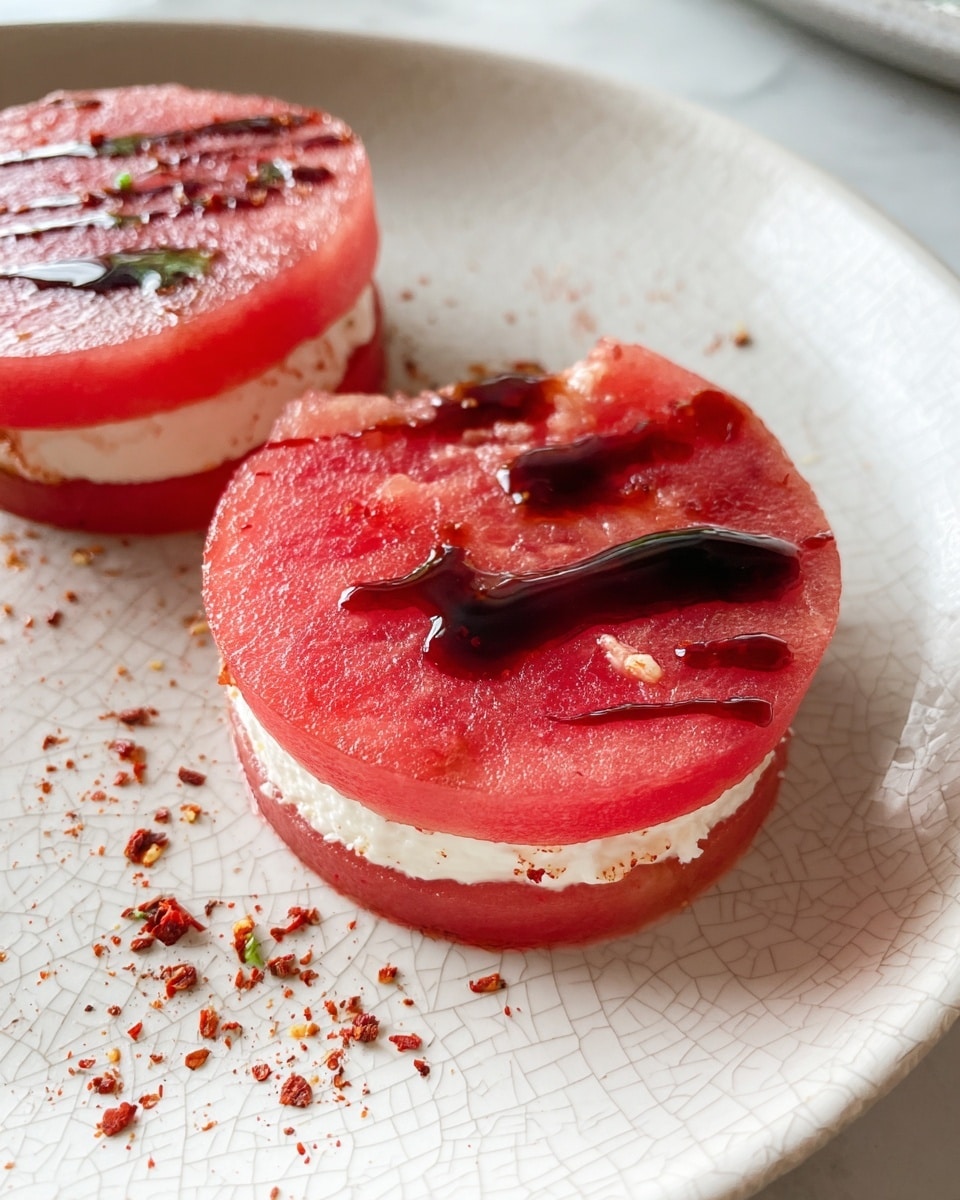 The image shows two round stacks made of two layers of watermelon slices each, on a white plate with a cracked surface, placed on a white marbled background. Each stack has a bottom layer of a darker red watermelon slice and a top layer of a lighter red watermelon slice. The top layer on the stack on the right has a bite taken out, showing a bit of white cheese inside between the watermelon layers. Both top layers are drizzled with a dark balsamic glaze sauce with a shiny texture. There are red chili powder sprinkles scattered on the plate around the watermelon stacks. Photo taken with an iphone --ar 4:5 --v 7