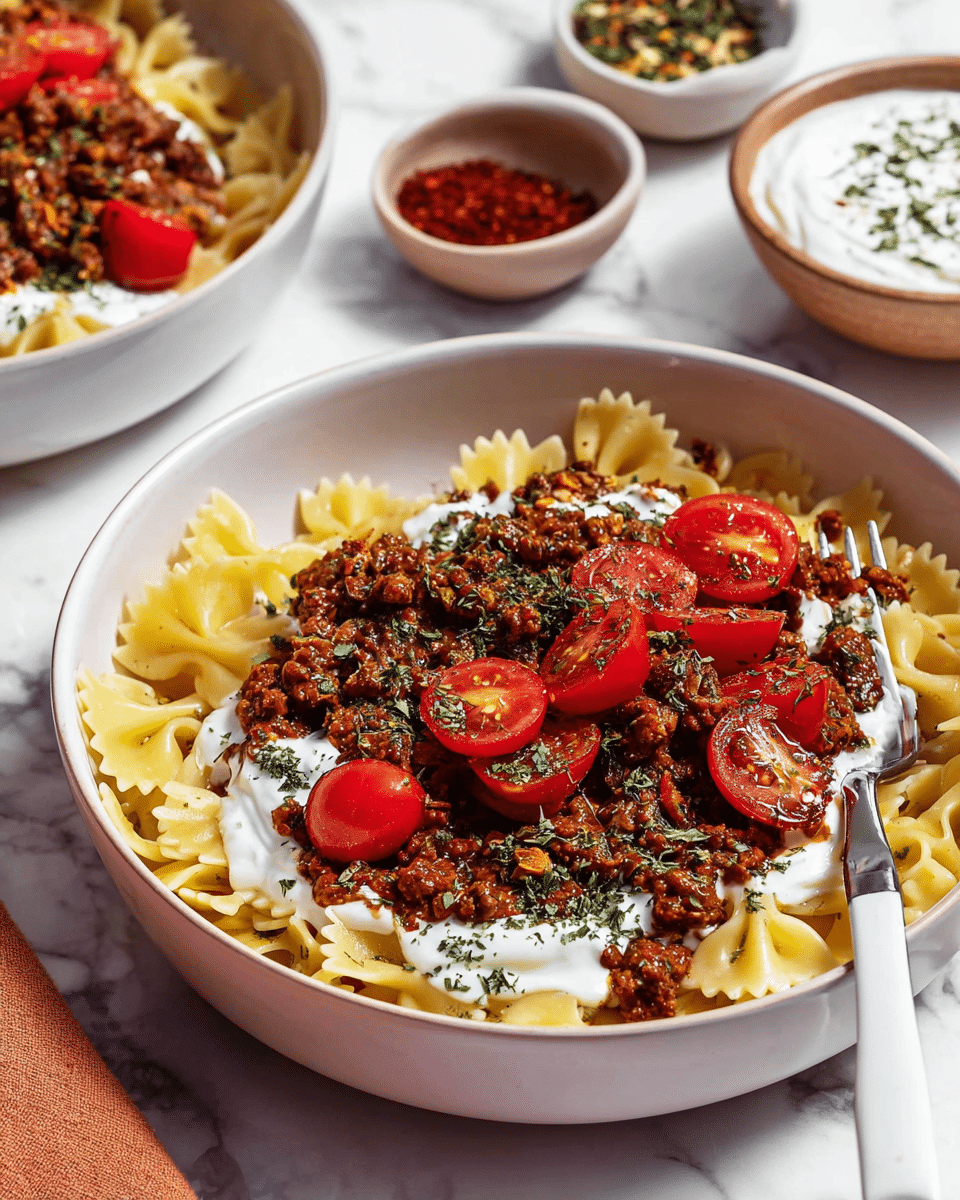 A white bowl filled with three visible layers: the bottom layer is light yellow bowtie pasta, the middle layer is a thick white sauce spread over the pasta, and the top layer is a generous amount of brown ground meat mixed with small pieces of onions, garnished with halved bright red cherry tomatoes sprinkled with dried green herbs. A fork with a white handle rests on the right edge of the bowl. In the background, there is another white bowl with the same dish slightly out of focus, and two small white bowls, one filled with a dark red powder and the other with a creamy white sauce. The surface underneath is a white marbled texture. photo taken with an iphone --ar 4:5 --v 7