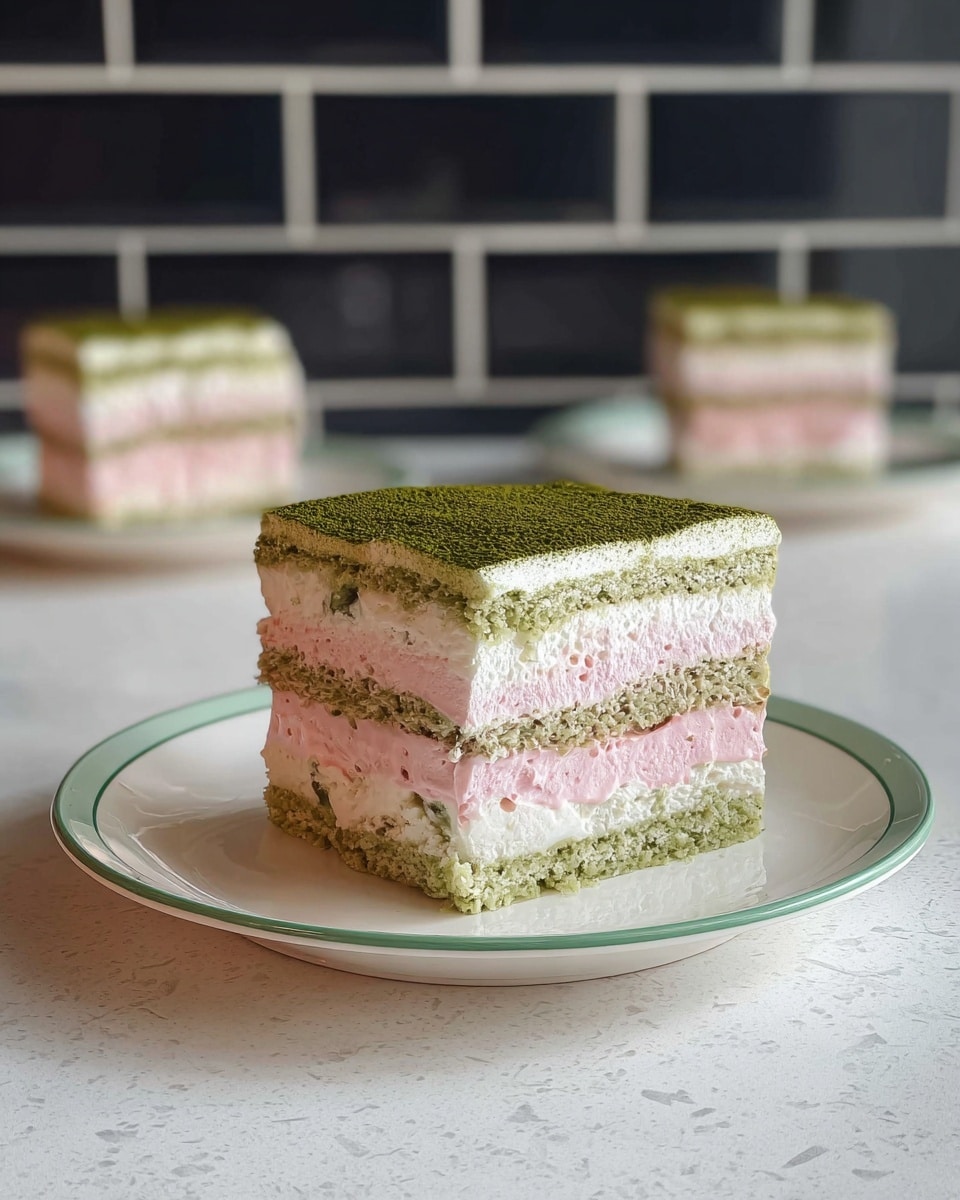 The image shows nine square cake slices arranged in a 3x3 grid on a white marbled surface. Each cake slice has two layers: the bottom layer is a pale pink creamy texture, while the top layer is a thick, dense green powder, which looks like matcha powder dusted evenly across the surface, covering the entire top. The edges of the cake show a slight rough texture where the pink layer peeks out beneath the green powder layer. The overall look is neat, with a soft and smooth contrast between the vibrant green and soft pink colors. Photo taken with an iphone --ar 4:5 --v 7