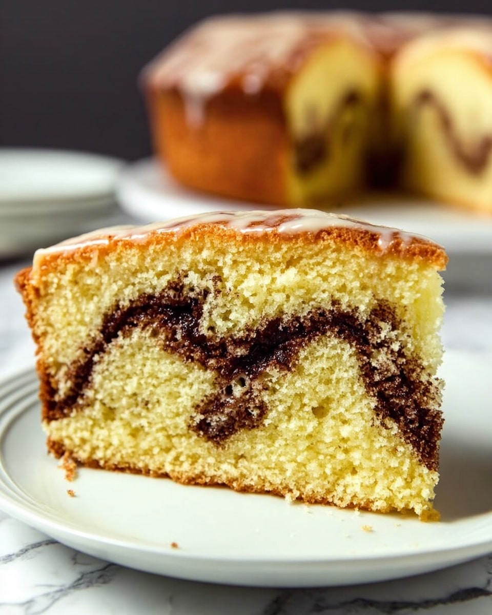 A close-up of a slice of yellow cake with two thick, dark brown cinnamon swirl layers running through the middle, the cake looking soft and moist with a slightly browned crust on the sides. The top has a light glaze drizzled over it, adding a subtle shine. The slice is placed on a white plate, set against a white marbled surface with another whole cake blurred in the background. photo taken with an iphone --ar 4:5 --v 7