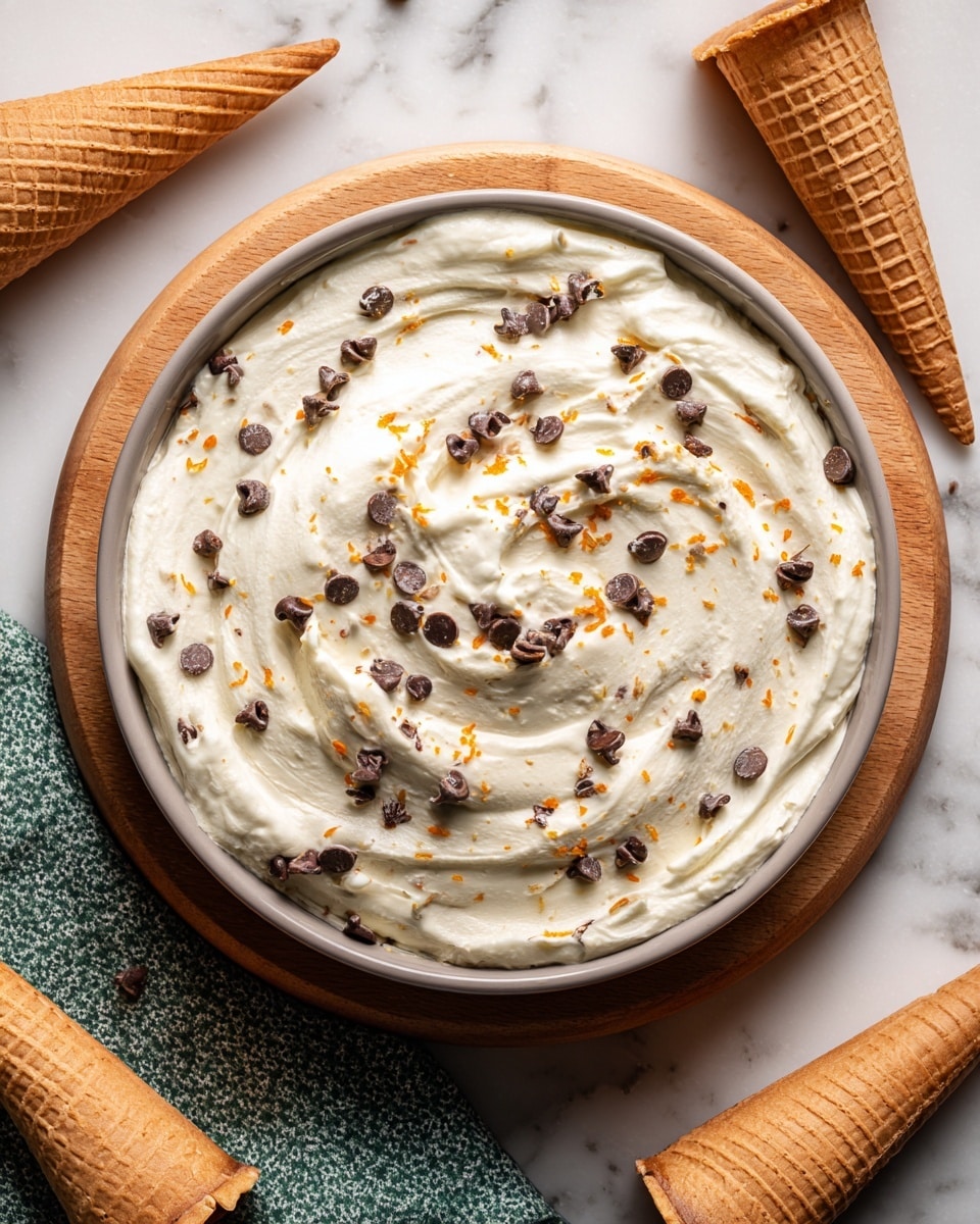 A round gray bowl filled with a creamy white layer of dip that has a swirled texture, topped with small dark chocolate chips and tiny orange zest pieces evenly scattered on top. The bowl is placed on a wooden board, surrounded by light brown waffle cones that are arranged around the top half of the bowl. The setup is on a white marbled surface with a green-blue patterned cloth visible under the board. The overall composition focuses on the contrast between the smooth creamy dip and the crunchy cones. photo taken with an iphone --ar 4:5 --v 7