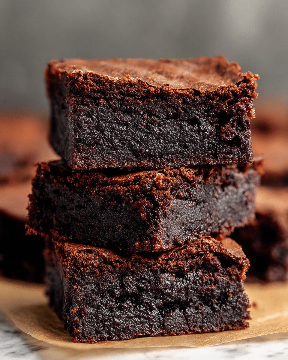 The image shows a close-up of a stack of three rich chocolate brownies, each with a deep, dark brown color and a moist, dense texture. The brownies have a slightly crumbly top layer with a shiny, flaky crust, while the inside looks soft and fudgy with tiny air holes. The stack is on a piece of light brown parchment paper, with blurred brownies in the background, all set on a white marbled surface. Photo taken with an iphone --ar 4:5 --v 7