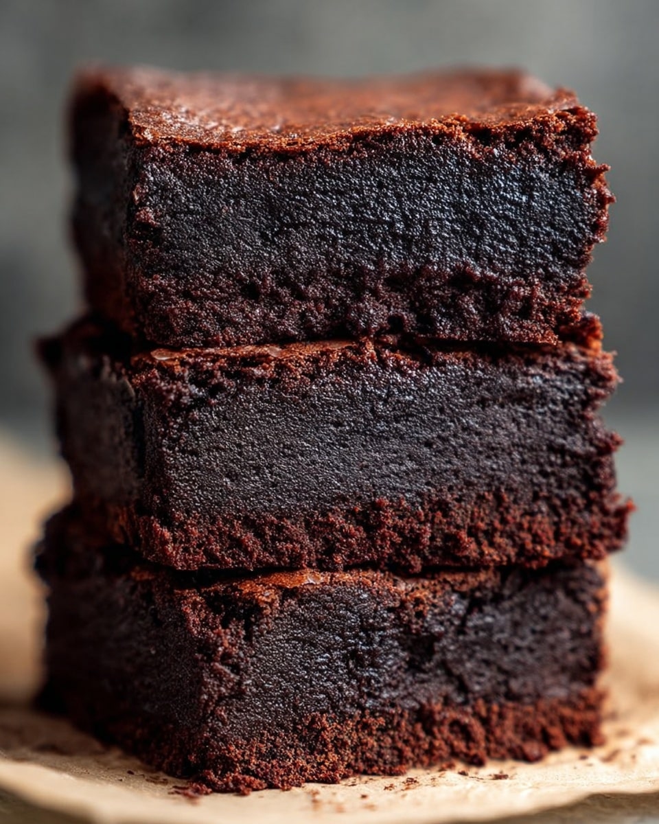 A close-up view of a stack of three thick, dark chocolate brownies with dense, moist texture and slightly crumbly edges. Each brownie layer is rich and dark brown, almost black, with a smooth, fudgy interior and a thin, cracked top crust that looks slightly crispy. The brownies are placed on a piece of light parchment paper against a soft, blurred background. The layers show a uniform thickness and texture, emphasizing their moist and rich chocolate feel. Photo taken with an iphone --ar 4:5 --v 7