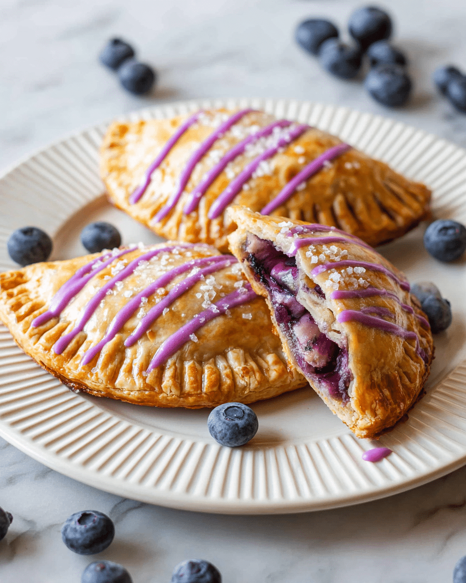 The image shows three golden-brown hand pies on a white plate with a ridged edge. Two whole hand pies have a flaky, slightly shiny crust sprinkled with coarse sugar crystals, while the third is cut in half, revealing a soft purple-blueberry filling inside. The pies are decorated with thin, diagonal bright purple icing drizzled across the top. Scattered fresh blueberries are placed around the plate, which sits on a white marbled surface. Photo taken with an iphone --ar 4:5 --v 7