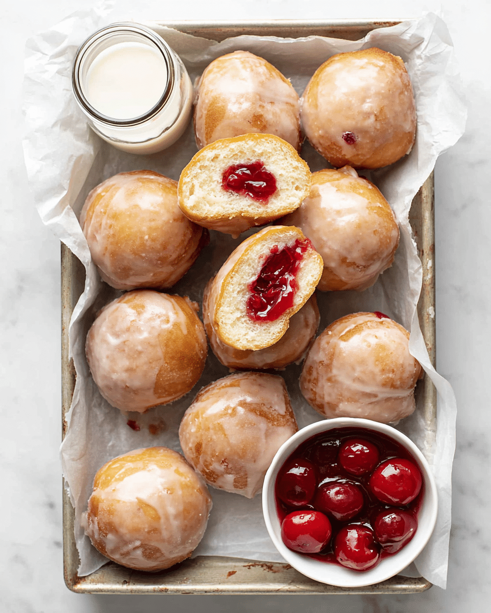 A metal tray lined with parchment paper holds eleven round glazed doughnuts with a light golden-brown color and a shiny, smooth icing layer. One doughnut is cut open to reveal a bright red cherry filling inside, showing a soft, slightly textured dough layer around the filling. At the top left corner of the tray, there is a small glass jar filled with white milk, viewed from above. In the bottom right corner, a white small bowl contains several glossy red cherries with stems immersed in syrup. The whole scene is set on a white marbled texture. photo taken with an iphone --ar 4:5 --v 7