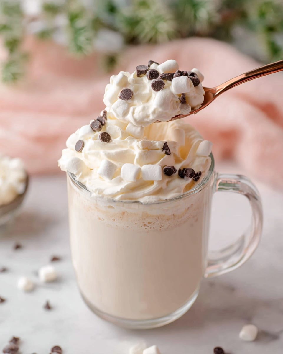 A clear glass mug filled with a creamy white hot drink topped with a thick layer of fluffy white whipped cream. On top of the whipped cream is a scattering of small white marshmallows and dark brown chocolate chips. A spoon with a metallic brown handle is lifting a scoop of the whipped cream and marshmallows, showing the creamy texture. The mug is placed on a white marbled surface with blurred green plants and soft pink fabric in the background. photo taken with an iphone --ar 4:5 --v 7