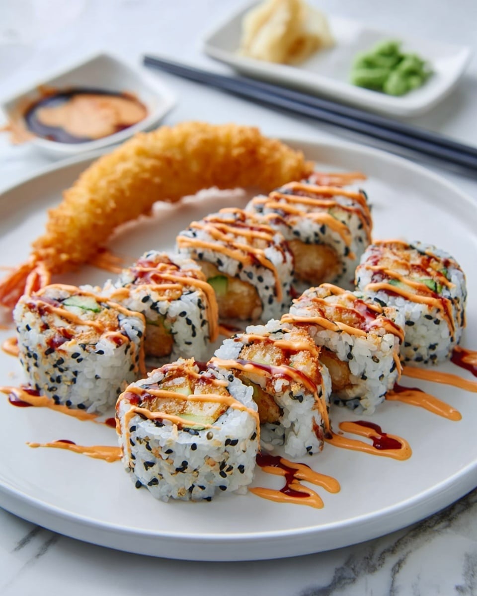 The image shows a white round plate with six sushi rolls arranged in two rows of three at the front. Each sushi roll has an outer layer of white rice mixed with black and white sesame seeds, and inside there is a mix of light green cucumber and golden brown tempura shrimp. The sushi rolls are topped with drizzles of orange creamy sauce and dark reddish-brown eel sauce. Behind the sushi rolls, there is a large golden brown tempura shrimp lying flat on the plate. The plate is placed on a white marbled surface, with black chopsticks on the right side and a small white dish with green wasabi and pickled ginger in the back. photo taken with an iphone --ar 4:5 --v 7