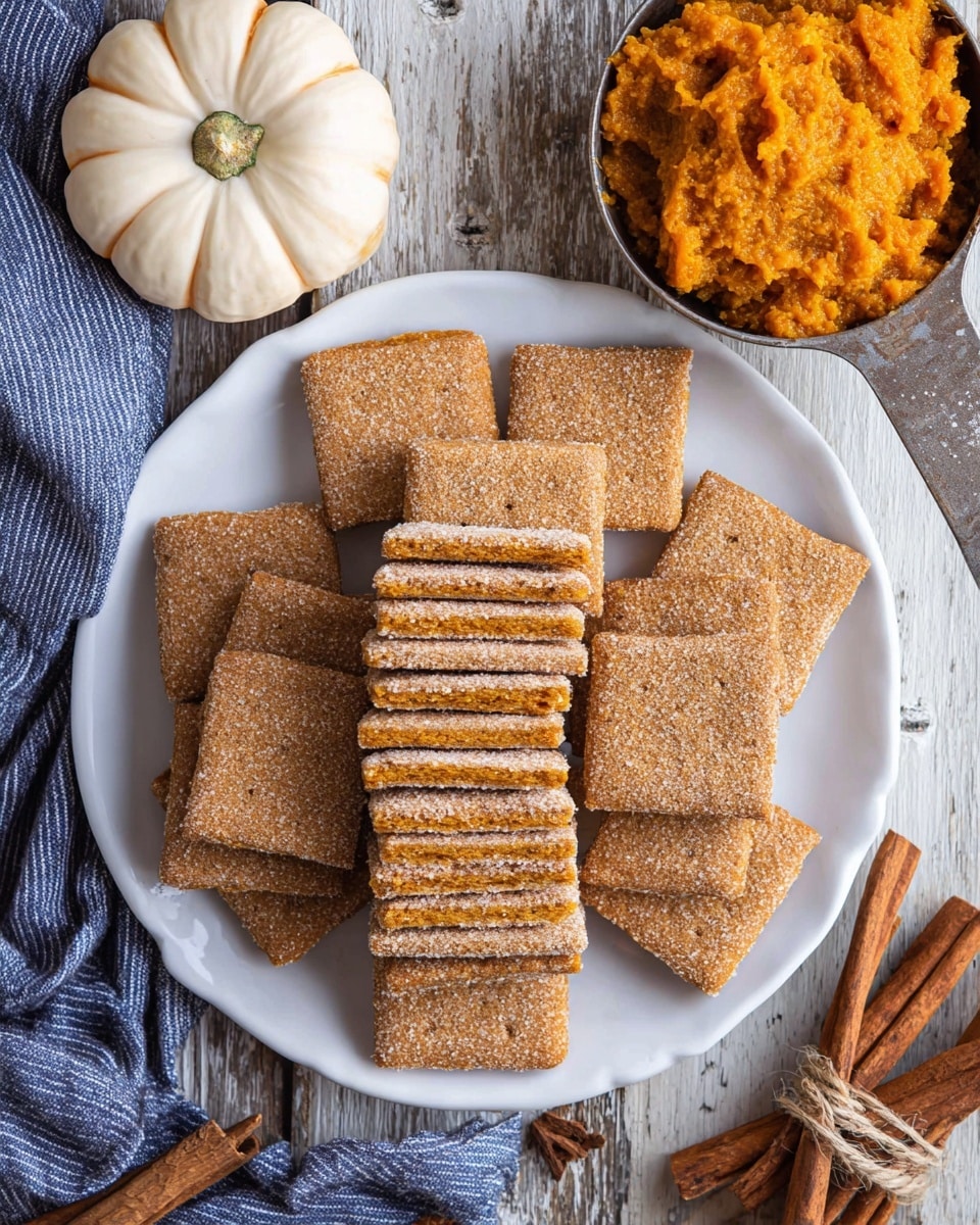 A white plate is filled with three layers of square graham cracker sandwiches, each sandwich made of two light brown crackers with a sandy sugar texture on top and a slightly darker brown filling visible at the edges, arranged neatly with some standing vertically to show their thickness. To the top right, a metal measuring cup holds a rough-textured, bright orange pumpkin puree, adding a pop of color. The plate sits on a white marbled surface that mimics a wooden texture, accompanied by a whole mini pumpkin to the left, a blue and white striped cloth, and a few cinnamon sticks tied with twine on the right, all adding a cozy autumn feel. photo taken with an iphone --ar 4:5 --v 7