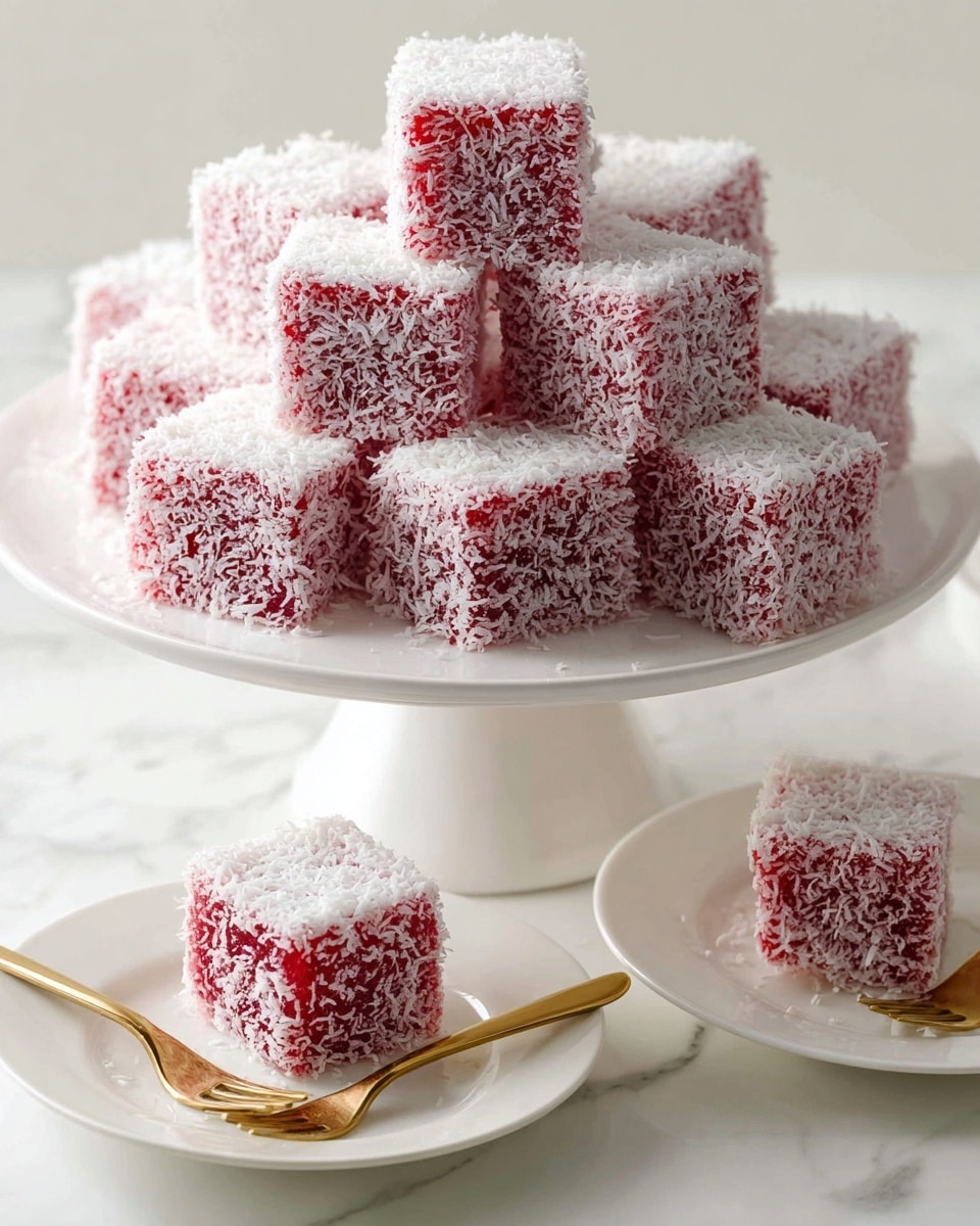 A stack of red square-shaped sweets covered in a thick layer of white shredded coconut sits on a white cake stand in the center. Each square has a smooth, jelly-like texture underneath the fine coconut coating. Two white plates are placed in front, each holding one similar cube with a gold fork beside it, all resting on a white marbled surface. The sweets form a pyramid shape on the stand, showing multiple layers and the dense coconut texture on every side. Photo taken with an iphone --ar 4:5 --v 7