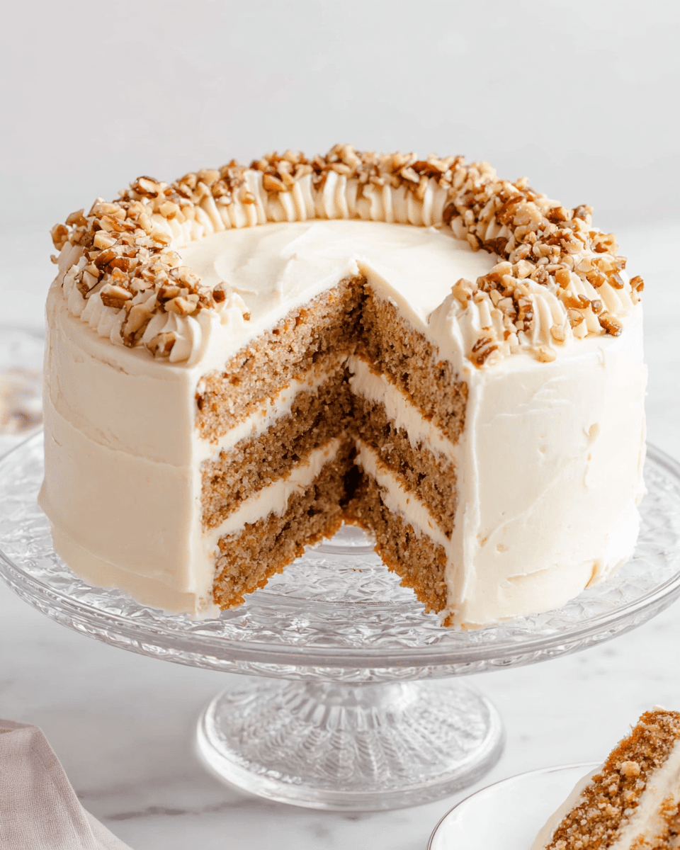 A two-layer cake with light brown sponge filled with two thick layers of creamy white frosting, covered fully with smooth white frosting on the sides and top. The top edge is decorated with a circle of chopped brown nuts, and one slice is removed to show the inside layers. The cake sits on a clear glass cake stand with a detailed base, placed on a white marbled surface. A piece of the cake is visible in the bottom right corner. photo taken with an iphone --ar 4:5 --v 7