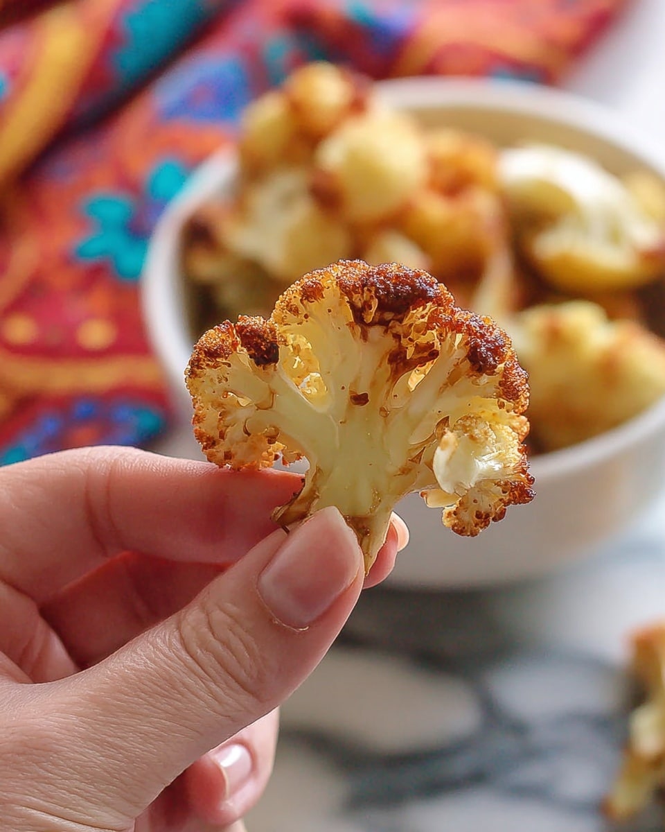 A close-up of a single piece of crispy roasted cauliflower held between the tips of a woman's hand fingers; the cauliflower floret has a golden-brown, slightly charred outer layer with a rough texture and softer creamy white interior showing the natural stem and small branches. In the blurred background, there is a white bowl filled with more roasted cauliflower pieces, placed on a white marbled surface with a colorful, patterned cloth featuring red, blue, and yellow hues partially visible. photo taken with an iphone --ar 4:5 --v 7
