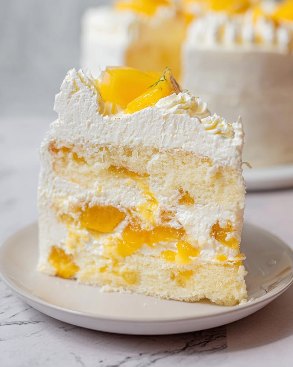The image shows a slice of three-layer white sponge cake on a white plate. The bottom layer is light and fluffy with pieces of bright yellow fruit embedded inside. The middle layer is creamy white frosting mixed with more yellow fruit pieces, creating a smooth but slightly chunky texture. The top layer is a thick layer of white frosting with a dollop of whipped cream and a small piece of yellow fruit on top. The cake's sides are fully covered in white frosting, and the background is a white marbled surface. photo taken with an iphone --ar 4:5 --v 7