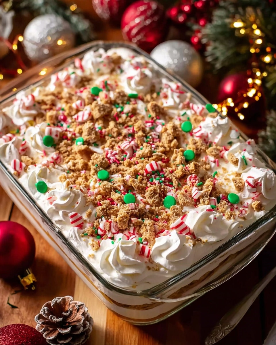 A rectangular glass dish filled with several layers starting from a base of creamy white whipped cream, topped with a thick layer of crushed light brown cookie pieces and small red-and-white striped candy canes, scattered green and red round sprinkles, and tiny multicolored sprinkles adding bright pops of color. The top layer has decorative white whipped cream swirls evenly spaced around the edges, with more crushed cookies and candy cane bits spread over the entire surface. The dish is placed on a wooden table surrounded by Christmas decorations like pine cones, red baubles, and glowing warm lights, all on a white marbled texture background. Photo taken with an iphone --ar 4:5 --v 7