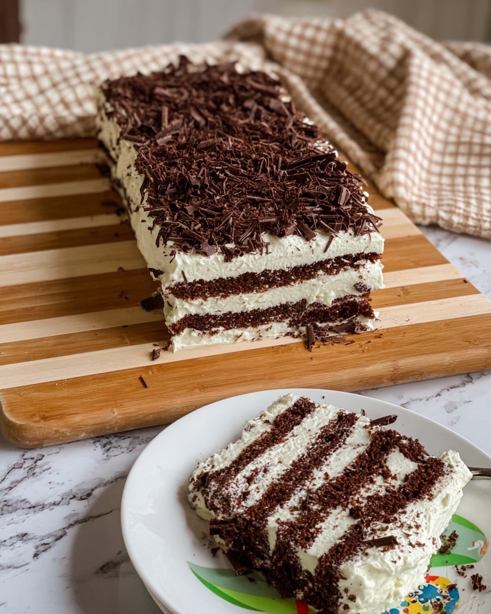 The image shows a rectangular layered dessert with five visible layers of dark brown chocolate cake alternated with thick white cream layers. The top layer is covered with a smooth white cream and generously sprinkled with large, curly dark chocolate shavings. A slice has been cut and placed on a white plate on the right, showing the even layers clearly, with the chocolate cake appearing moist and the cream fluffy. The dessert sits on a striped wooden board, set against a white marbled surface and a soft beige cloth in the background. Photo taken with an iphone --ar 4:5 --v 7