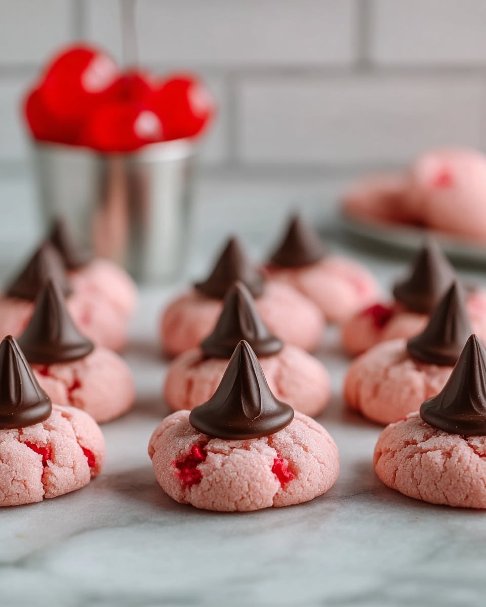 The image shows several small pink cookies arranged in rows on a white marbled surface. Each cookie is round with a slightly cracked texture and contains small red bits inside. On top of each cookie is a single, dark brown, cone-shaped chocolate piece standing upright in the center. In the background, there is a blurred white brick wall and a small silver container holding three bright red cherries. The focus is on the cookies in the front row, making the details of the chocolate and pink cookie texture clear. photo taken with an iphone --ar 4:5 --v 7