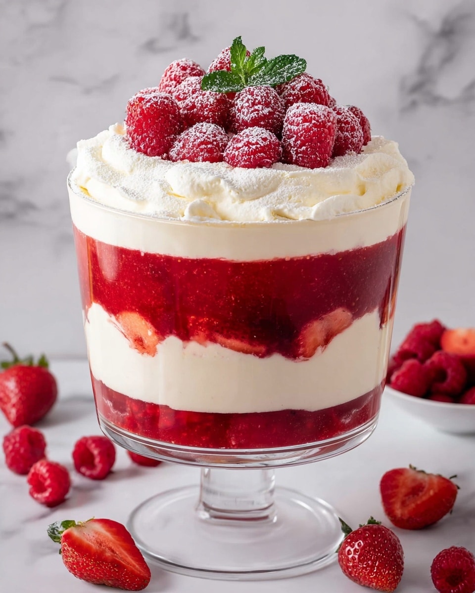 A round cake with a thick, smooth white whipped cream layer covering the top and sides, creating soft waves and swirls. The cake is topped with a mound of red strawberries cut in halves and whole red raspberries, all dusted lightly with white powdered sugar. Bright green mint leaves sit in the center, adding a fresh contrast to the red berries. The cake is placed on a white marble surface, surrounded by loose strawberries and raspberries, with two white bowls filled with strawberries and raspberries in the background. Photo taken with an iphone --ar 4:5 --v 7