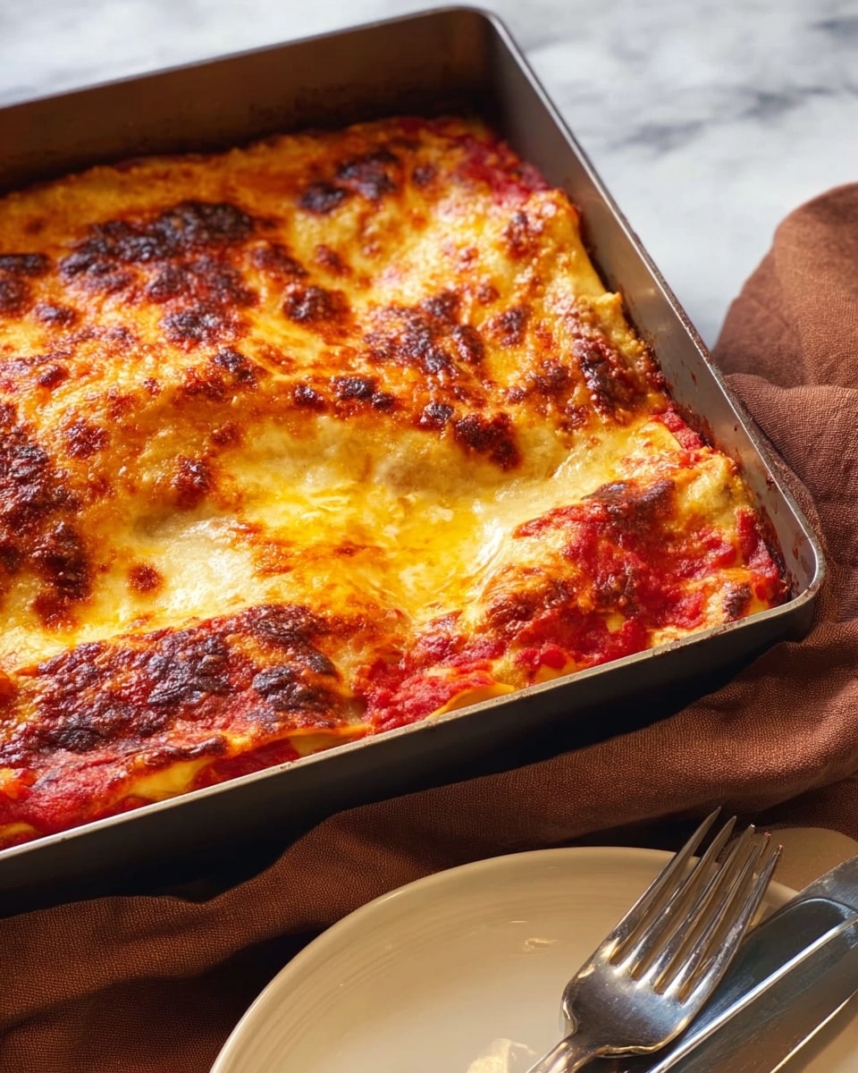 The image shows a close-up of a baked noodle casserole in a metal pan. The dish has three visible layers: a bottom layer of light yellow cooked noodles, a thick middle layer of bright red tomato sauce, and a top layer of golden-brown melted cheese with slightly crispy edges, covering the whole surface. A metal spatula is lifting one corner piece from the pan, showing the noodles and sauce clearly beneath the cheese. The pan is placed on a white marbled surface with a striped cloth underneath, adding a soft texture in the background. photo taken with an iphone --ar 4:5 --v 7