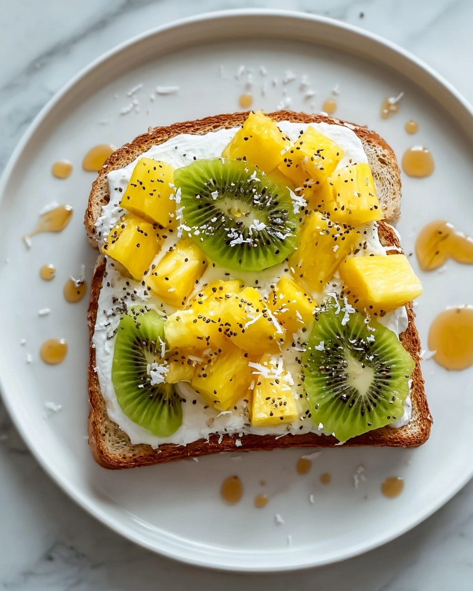A single slice of toasted bread sits in the center of a white plate on a white marbled surface. The bread is spread with a thick layer of white creamy topping. On top of this, there are many small yellow pineapple chunks scattered, along with two green kiwi slices placed near the edges. The fruit is sprinkled with tiny black chia seeds, and around the toast on the plate, there are drops of golden honey and small white coconut flakes. The image is bright and clear, showing the fresh and colorful details of the fruit and toast. photo taken with an iphone --ar 4:5 --v 7