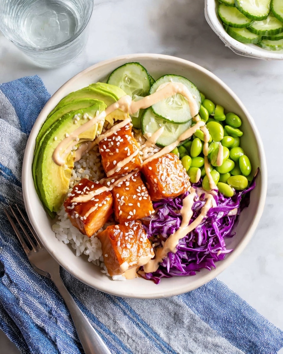 In a white bowl on a white marbled surface, there are four bright orange glazed salmon pieces with a shiny texture, each sprinkled with white sesame seeds and drizzled with light beige sauce in thin lines. Underneath the salmon, there is a layer of white rice mixed with green cucumber slices that are fresh and round. To the left side, there is a portion of thin, purple cabbage strips with a crunchy look beside a small cluster of green edamame beans. The overall dish is colorful with distinct layers of ingredients arranged closely together. photo taken with an iphone --ar 4:5 --v 7