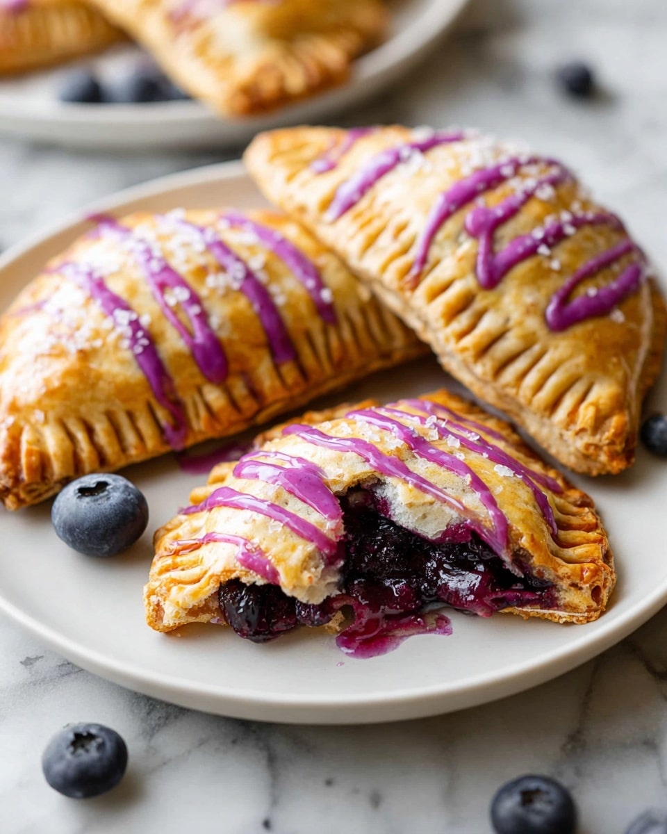 A white plate holds three golden-brown hand pies with crimped edges, each hand pie drizzled with bright purple glaze in diagonal lines across the top. One hand pie is broken open, showing a soft, moist blueberry filling inside with a deep purple color and chunks of fruit visible. The crust has a slightly shiny texture with sprinkled sugar crystals adding a touch of sparkle. Around the plate, a few fresh blueberries are scattered on a white marbled surface, giving a fresh and inviting look. photo taken with an iphone --ar 4:5 --v 7