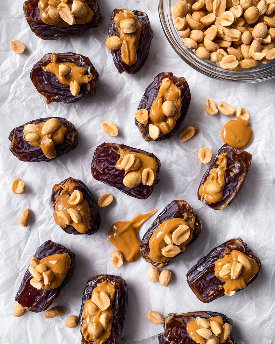 The image shows many dark brown dates, each cut open and filled with a smooth, creamy light brown peanut butter layer. On top of the peanut butter is a cluster of light tan peanuts, some whole and some split, adding texture and contrast. The dates have a glossy, wrinkled skin and are arranged randomly on crinkled white parchment paper over a white marbled surface. A clear glass bowl filled with more peanuts sits at the top right corner, and a small drip of peanut butter can be seen on the paper near the dates. The scene has a natural, homemade feel. Photo taken with an iphone --ar 4:5 --v 7