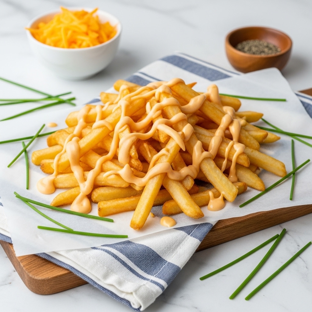 A large pile of golden French fries with a slightly crispy texture is placed on a white paper over a blue and white striped cloth on a wooden board. The fries are drizzled with a creamy, light orange cheese sauce, giving a smooth and glossy look on top. Surrounding the fries are thin, green chives scattered on a white marbled surface. In the background, there is a small white bowl filled with shredded bright orange cheddar cheese and a small wooden bowl holding black peppercorns. The overall setting is bright and clean, highlighting the fries as the main focus. photo taken with an iphone --ar 4:5 --v 7