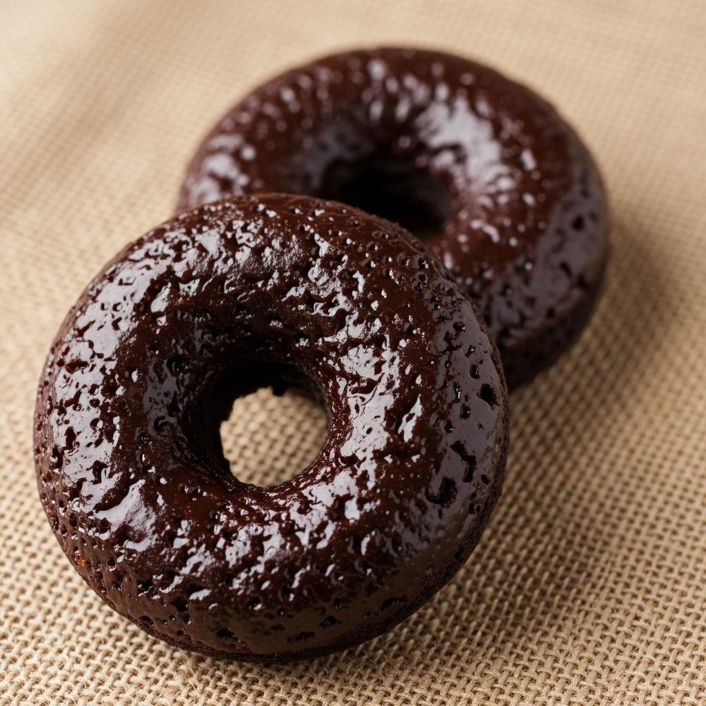 The image shows two dark chocolate glazed donuts with a shiny and slightly bumpy texture on their surface. They are placed directly on a textured brown burlap cloth, creating a contrast with the dark color of the donuts. Each donut has a clear round hole in the middle, and their glaze reflects light softly, highlighting the smooth yet uneven coating. The background is softly blurred, emphasizing the focus on the two donuts in the center. photo taken with an iphone --ar 4:5 --v 7