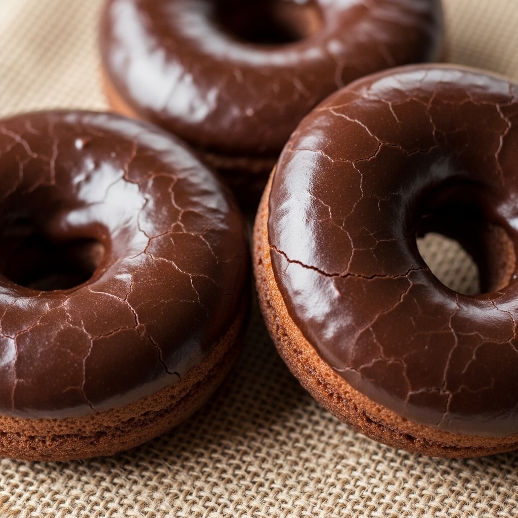 The image shows two chocolate-glazed donuts, placed closely together on a textured burlap cloth, which adds a rustic touch. Each donut is round with a hole in the center and covered evenly with a shiny, smooth chocolate glaze that slightly reflects light, showing some small cracks in the glaze's surface. The donuts look soft and moist, with a slightly darker, rich brown color beneath the glaze. The background is softly blurred, making the donuts the clear focus of the image. photo taken with an iphone --ar 4:5 --v 7