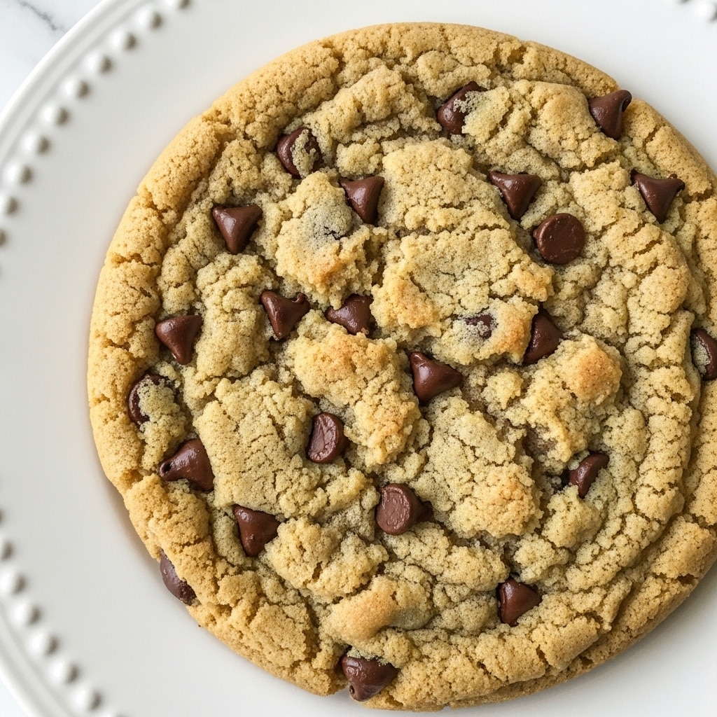 The image shows a close-up of a large, round cookie with a golden-brown top layer that has a slightly cracked and rough texture. Visible through the top layer are small, dark brown chocolate chips embedded unevenly around the cookie. The cookie sits on a white plate with a subtle textured rim design. The background is a white marbled surface. photo taken with an iphone --ar 4:5 --v 7