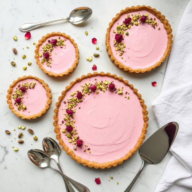 The image shows four pink tarts of different sizes placed on a white marbled surface. Each tart has one layer—a smooth, light pink filling with a golden brown crust around the edges. The tarts are decorated with scattered green pistachio pieces and small red rose petals on top. Three small tarts are arranged around one large tart in the center. There are two shiny silver spoons and a silver tart server near the tarts. A white cloth is partially visible on the right side of the image. Small bits of pistachios and rose petals are spread across the surface. photo taken with an iphone --ar 4:5 --v 7