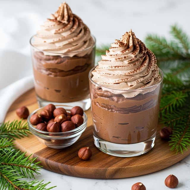Two clear glass dessert cups each hold a rich, smooth chocolate mousse layer that fills most of the cup, topped with a tall swirl of light brown whipped cream with soft, ruffled texture. The mousse layer has a dark brown, creamy appearance and the whipped cream is dusted lightly with cocoa powder. The cups are set on a round wooden board with a small clear bowl of whole hazelnuts beside them, while green pine branches rest nearby on a white marbled surface. The background is softly blurred. photo taken with an iphone --ar 4:5 --v 7