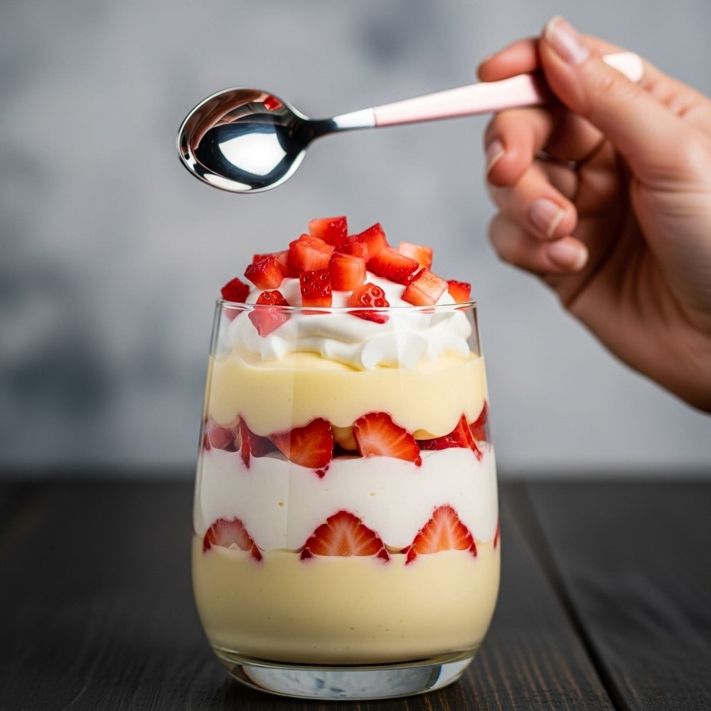 The image shows a clear glass dessert cup filled with four layers. The bottom layer is pale yellow and smooth like pudding. The second layer is white and creamy, topped with small cut pieces of red strawberries visible inside. The third layer is again pale yellow and smooth. The top layer is white whipped cream with chopped bright red strawberries on it. A shiny spoon with a pinkish handle is held by a woman's hand in the background. The cup is placed on a dark wooden surface with a blurred gray and white background. photo taken with an iphone --ar 4:5 --v 7