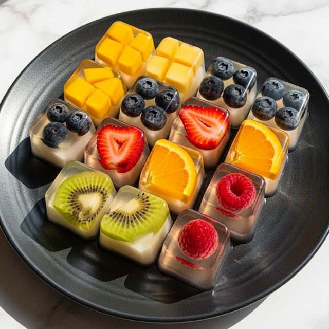 A black round plate holds fourteen small, clear jelly cubes arranged closely together. Each cube is transparent with smooth surfaces and contains a piece of fruit inside: yellow mango chunks, dark blueberries, green kiwi slices, red strawberry halves, orange slices, and red raspberry. The fruits are placed inside the jelly, showing vibrant colors against the clear gel. The plate sits on a white marbled surface in soft natural light. photo taken with an iphone --ar 4:5 --v 7