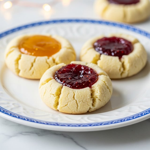 The image shows three round thumbprint cookies on a white plate with a blue patterned edge. Each cookie has a slightly cracked, pale yellow dough base that is thick and soft-looking. The cookie in the front center has a deep red jam filling with a glossy and slightly bumpy texture. The cookie to the left in the background has a golden yellow jam center, smooth and shiny. The cookie to the right in the background also has the same deep red jam filling as the front one. The plate is placed on a white marbled surface with blurry warm lights in the background. photo taken with an iphone --ar 4:5 --v 7