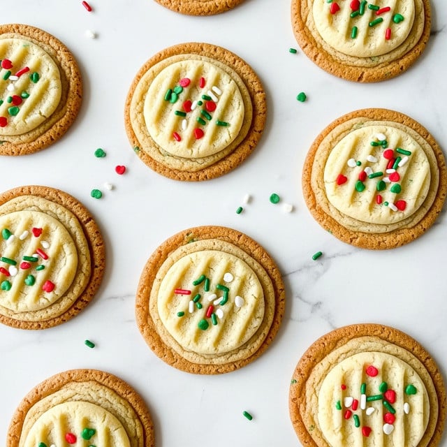 The image shows several round cookies laid flat on a white marbled surface, each cookie with two distinct layers: a golden-brown crispy edge forming the first outer layer, and a pale yellow soft center as the second layer. Mixed throughout the dough are small red, green, and white sprinkles that add pops of color and a playful texture to the cookies. The cookies have slightly rippled surfaces with a homemade look, and some extra sprinkles are scattered loosely around them on the marbled surface. photo taken with an iphone --ar 4:5 --v 7