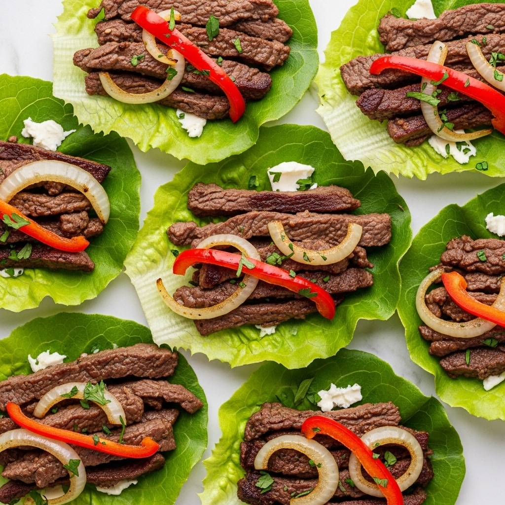 The image shows several lettuce wraps arranged closely together on a white marbled surface. Each wrap consists of a bright green lettuce leaf that forms the base layer, holding thin, dark brown strips of cooked beef as the second layer. On top of the beef, there are thin slices of light caramelized onions and thin red bell pepper strips scattered unevenly, adding color contrast. Small bits of fresh green herbs are sprinkled over everything, along with some melted white cheese spread in small patches. The textures show soft lettuce, tender beef, and slightly glossy cooked onions and peppers. Photo taken with an iphone --ar 4:5 --v 7