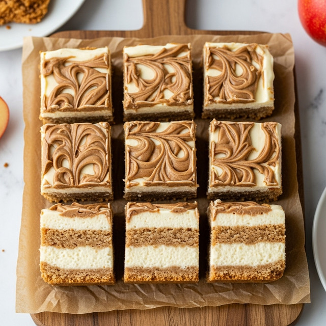A dessert cut into nine square pieces is placed on crumpled brown paper over a wooden surface replaced with white marble texture. Each piece has three visible layers: a light brown base, a thick creamy white middle layer with a smooth texture, and a dark brown topping swirled unevenly in patterns on the white cream. The squares are arranged neatly in three rows and three columns, showing clear cut lines between them. Parts of a white plate with food and a red fruit slice are visible around the edges. Photo taken with an iphone --ar 4:5 --v 7